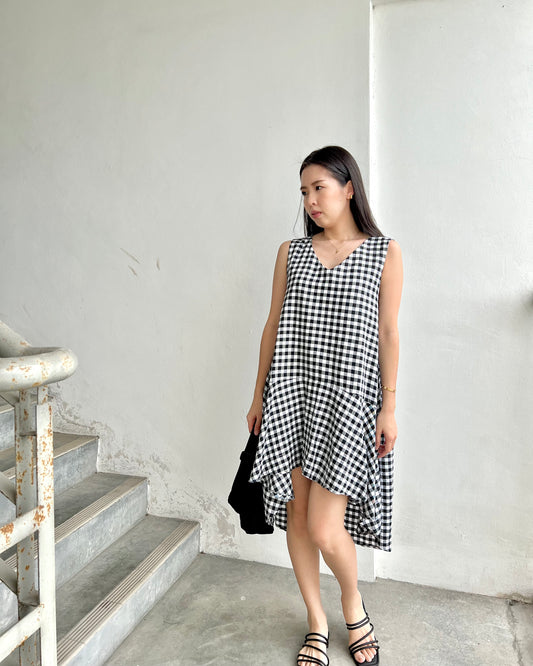 Serenity Sleeveless A-Line Dress (Black and White Plaid)